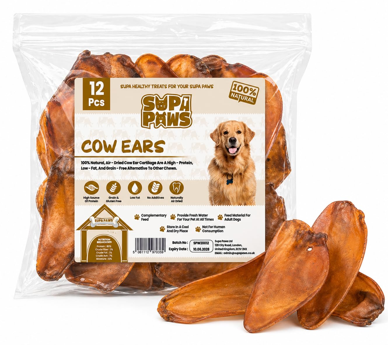 Supa Paws 12 Pieces 100% Beef Air Dried Cow Ears for Dog, 100% Natural Beef Pet Treats, Long Lasting Dog Treats, Hypoallergenic & Low Fat Dog Chews, Dental Treats Grain & Gluten Free Beef Ears 12 Pack