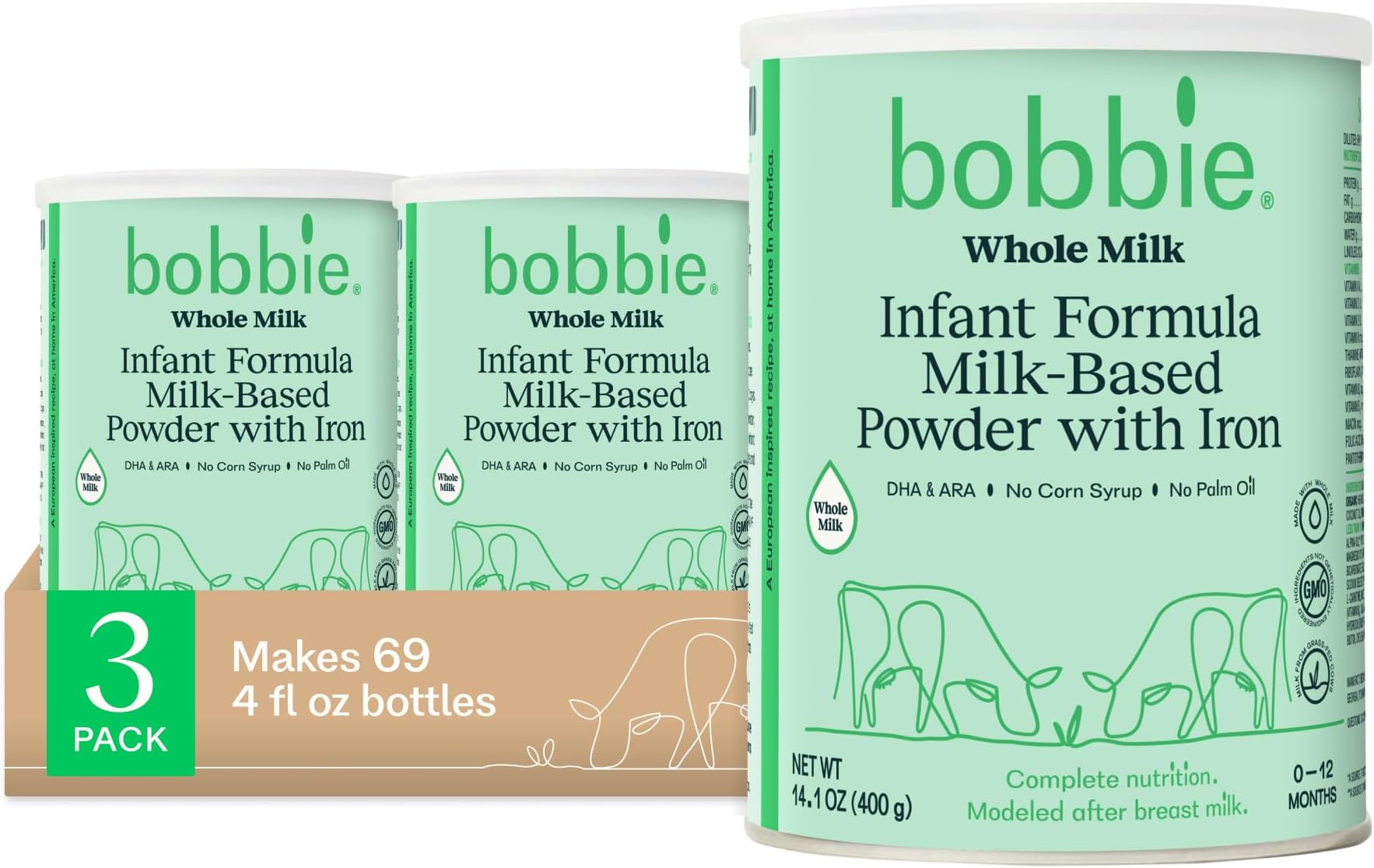 Bobbie Whole Milk, Grass Fed Baby Formula with Iron, Plant Based DHA and ARA, Vitamin D and Protein Blend Modeled After Breast Milk, For Newborn Baby to 12 Month Old, 14.1 oz, 3 Pack