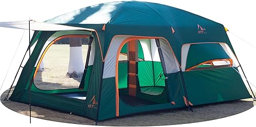KTT Extra Large Tent 6-10-12-14 Person(B),Family Cabin Tents,2 Rooms,3 Doors and 3 Windows with Mesh,Straight Wall,Waterproof,Double Layer,Big Tent