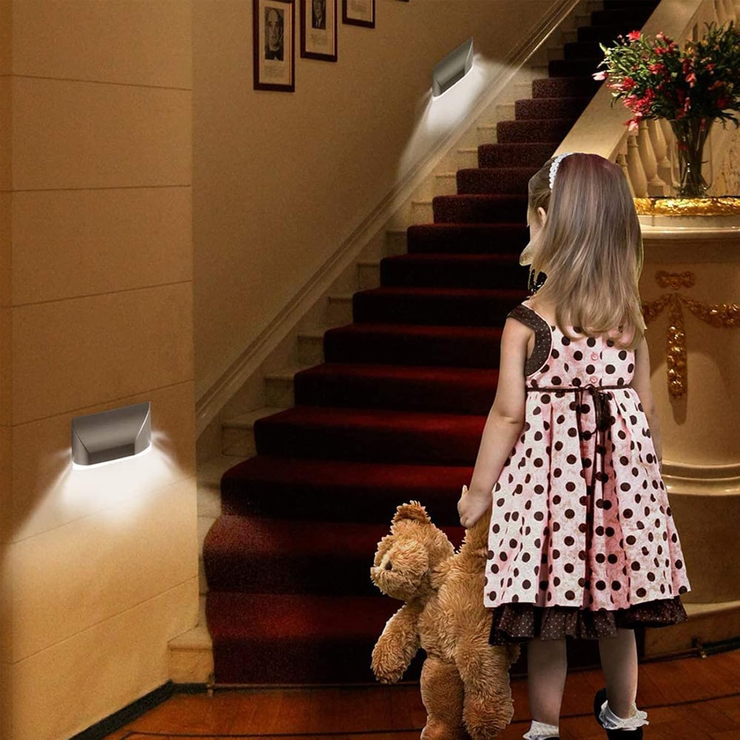 Key Light Door Lights, Small Motion Sensor Light with 4 LED Bulbs, Battery Powered Night Lights for Hallway, Stairway, Kitchen, Closet, Bedroom (2 Pack White)