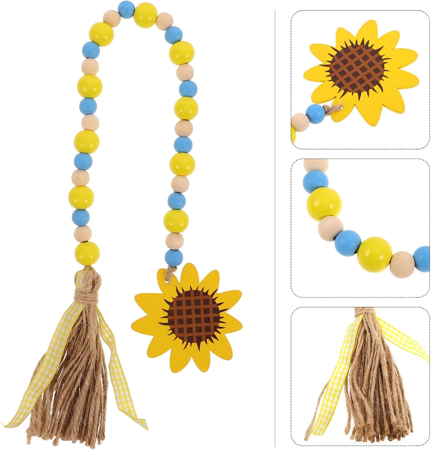 BETOOKY Wooden Bead Garland with Tassels and Sunflower Pendant, Insect Theme Hanging Ornament, Natural Jute Rope DIY Home Decor for Farmhouse Tiered Tray and Housewarming