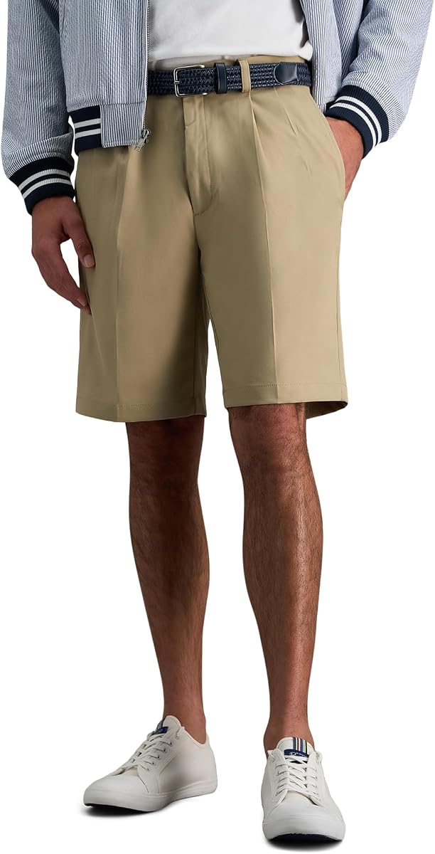 Haggar Cool 18 Pro - Pantalón corto de golf para hombre, ajuste recto, plisado, elástico en 4 direcciones, cintura expandible