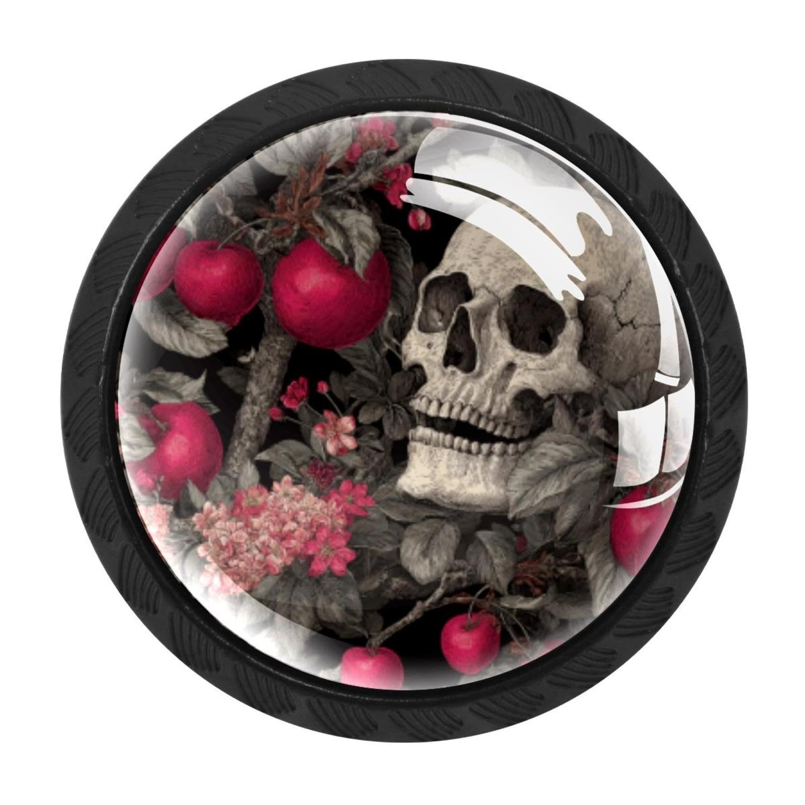 CHENZZZZ 4 Pack Vintage Skull and Flowers Cherry (3) Drawer Knobs Cabinet Knobs Crystal Glass Knobs Pulls Handles for Kitchen Cabinet Hardware Cupboard Door Dresser Wardrobe Home Decor