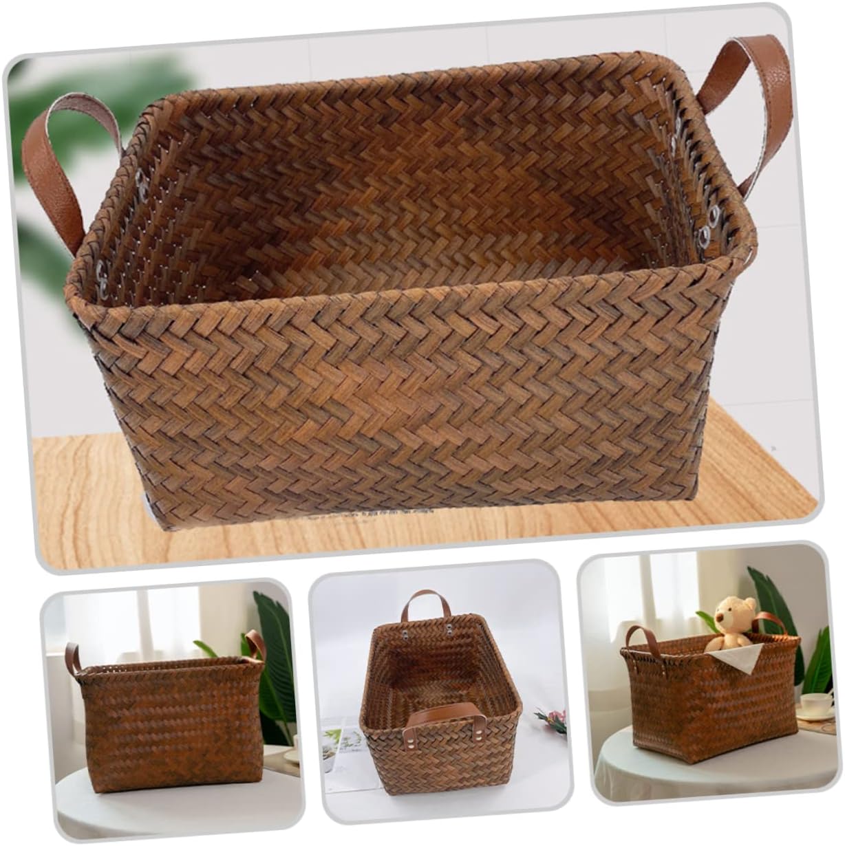 Amosfun Woven Laundry Basket with Leather Handles Medium Lightweight Storage Organizer for Clothes Blankets and Towels Suitable for Bedroom Dorm Closet and Laundry Room