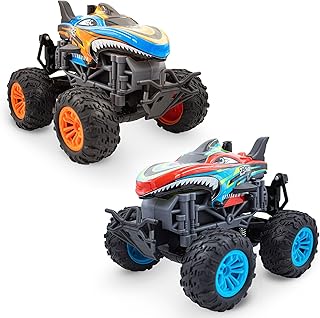 Family Smiles Kids RC Shark Monster Truck 2 Pack Toy Water Spray Haze Lights Sound Effects Remote Control Vehicle 1:16 Scale Gift Toys for Boys Orange Teal