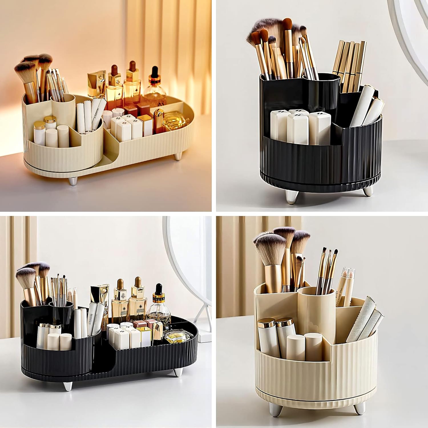 DASITON Large Capacity Makeup Brush Holder,360° Rotating Makeup Organizer,9 Slot Makeup Brushes Cup,for Vanity Decor,Bathroom Countertops,Desk Storage Container,Cosmetic Display cases(Cream-L)