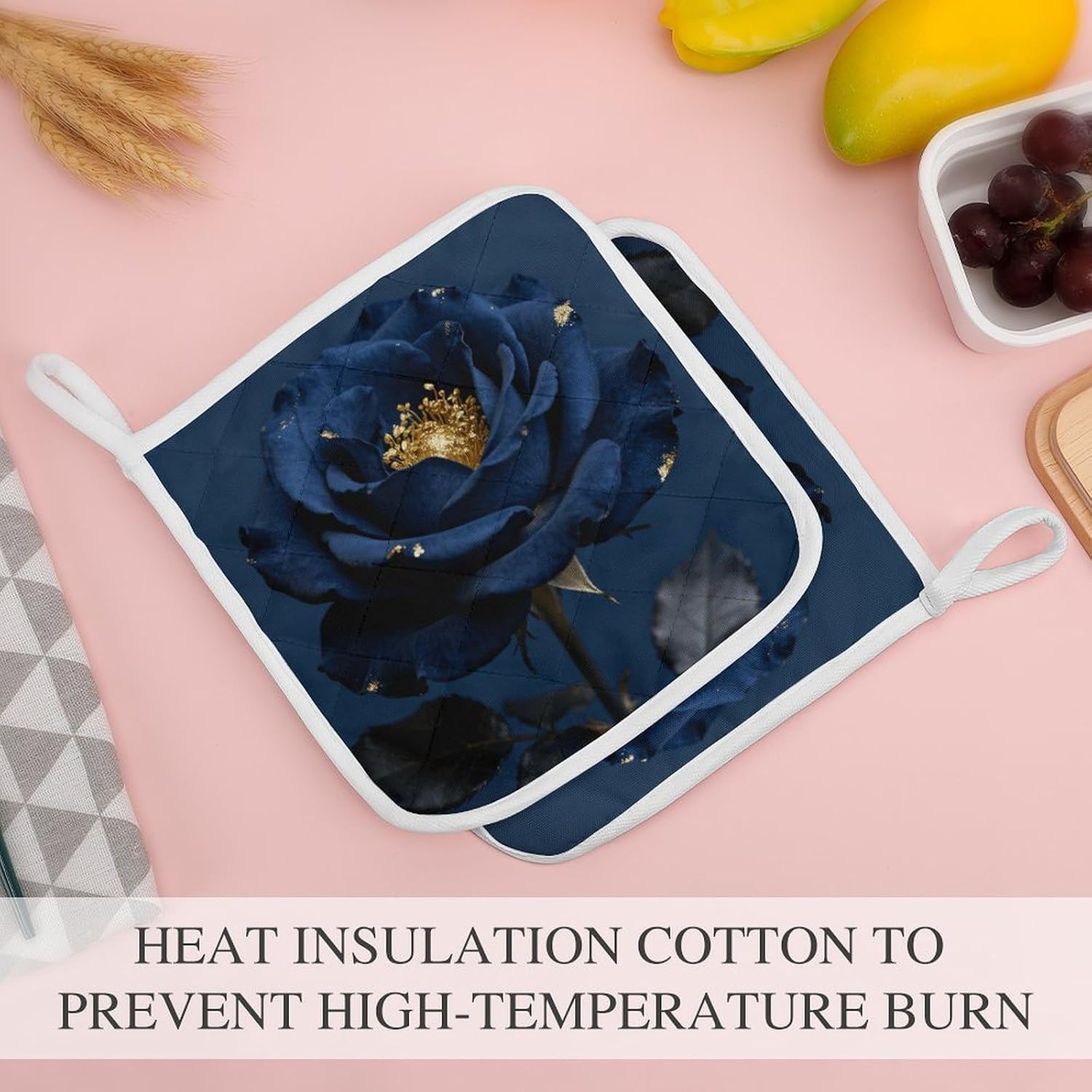 Navy Rose Polyester Heat Resistant Pot Pad Non Slip Anti Scald Hot Dish Mat Reusable Table Protector for Kitchen Hot Pot Mat Wear Resistant Heat Proof Table Pad for Countertop Dining Room