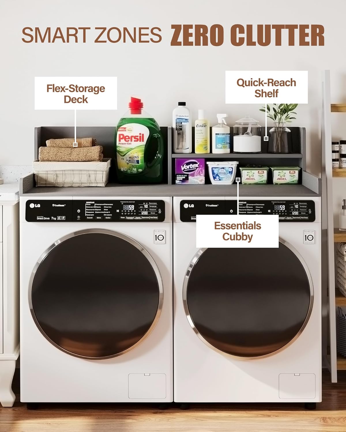 Premium HDPE Washer Dryer countertop with Shelf 54"x27.5" – Waterproof Washer Dryer Topper for Laundry Room Organization, Washer Dryer Countertop for Folding Clothes, Sorting & Storage， Grey