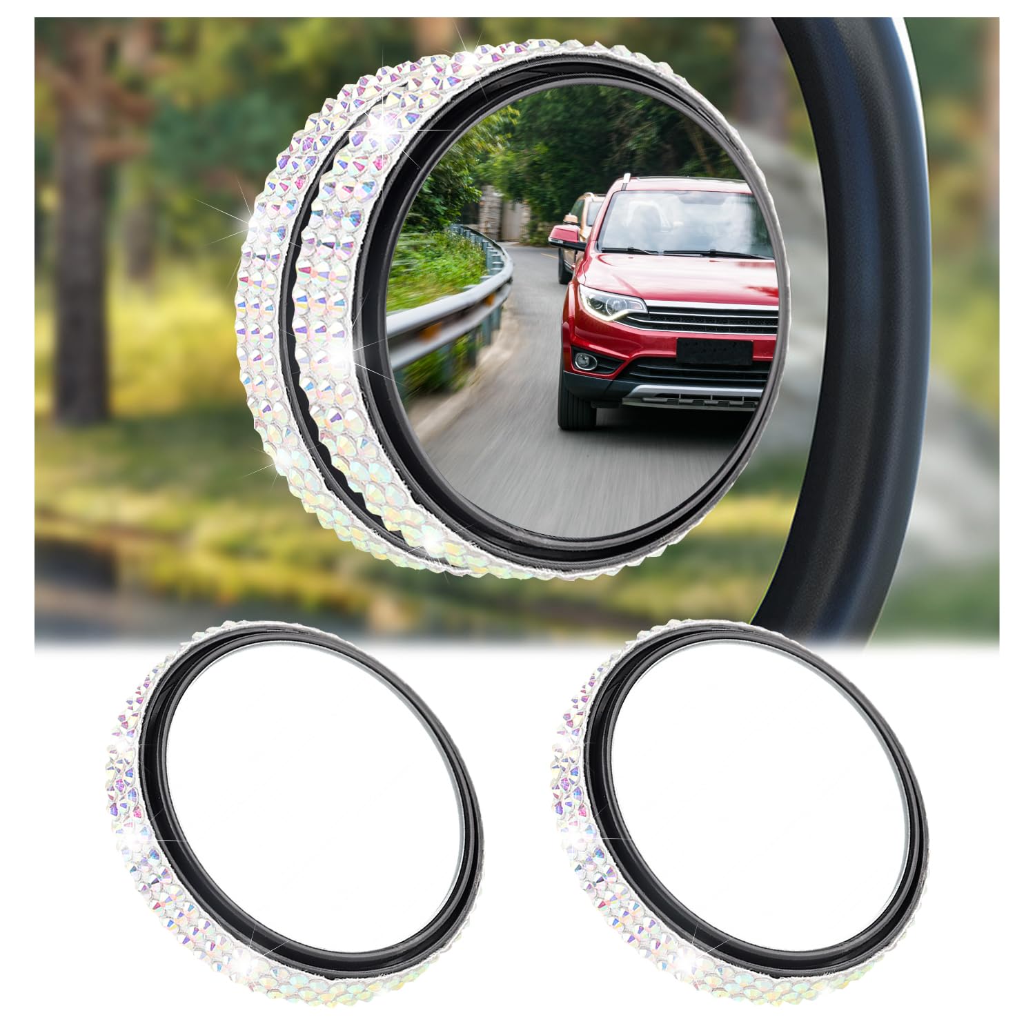 Car Blind Spot Mirrors 2 Pack,Bling Side View Mirror Blindspot Rhinestone Car Accessories for Safe Driving & Car Decorations,Universal 2" Round HD Wide Angle Blind Spot Car Mirror (Colorful)