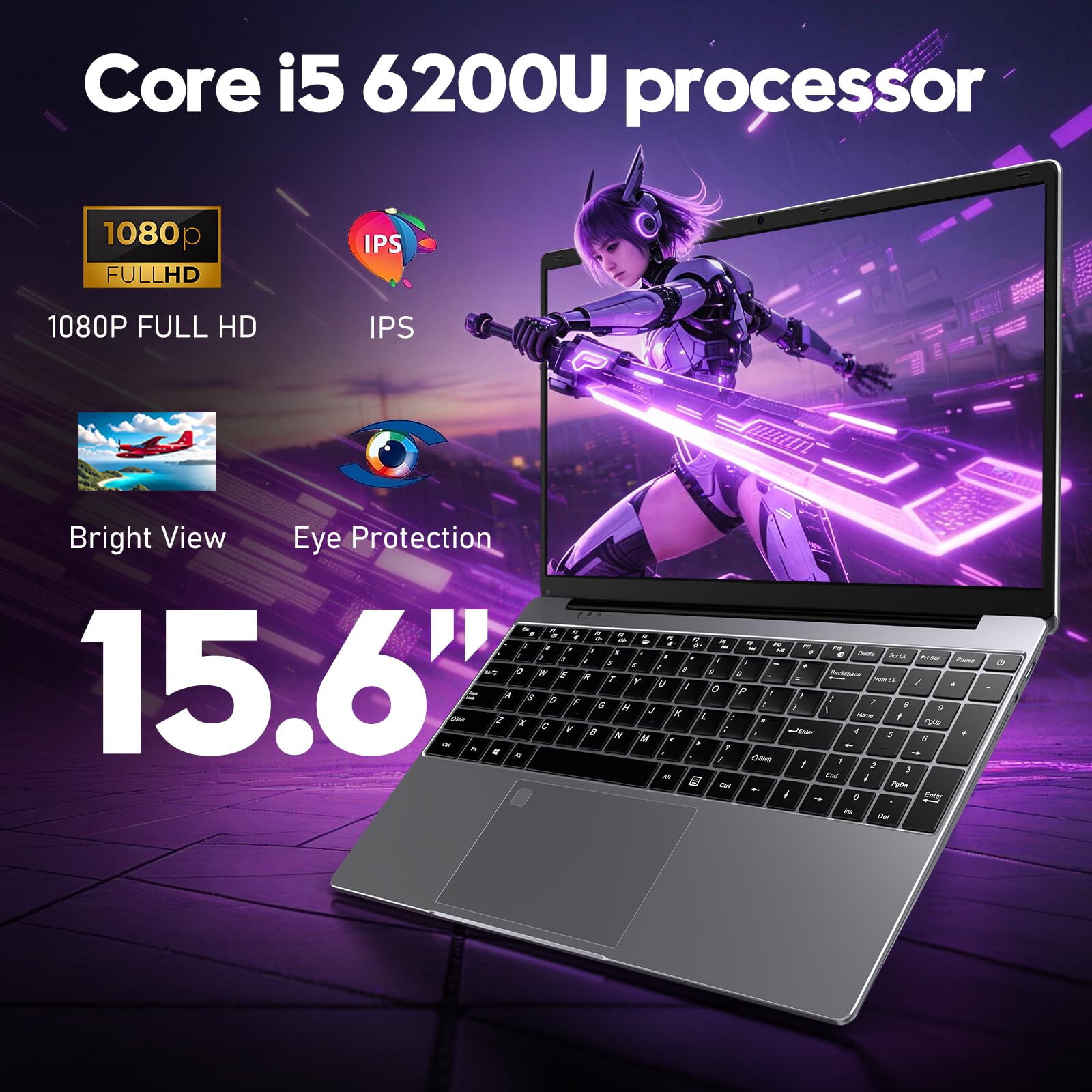 FUNYET Ordenador Portátil,2026 Laptop PC da 15,6 pollici, 16 GB di RAM, SSD da 512 GB, Core i5 6200U Portátil, IPS FHD 1920 * 1080 Notebook,5000 mAh,WiFi5,Tastiera retroilluminata