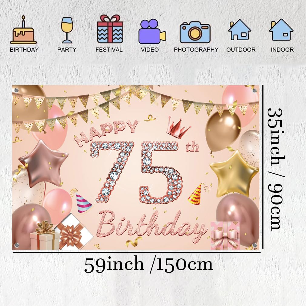 Happy 75th Birthday Banner – 150x90 Cm Vinyl, Roségold, Mit Glitzer, Für Wand & Tischdekoration