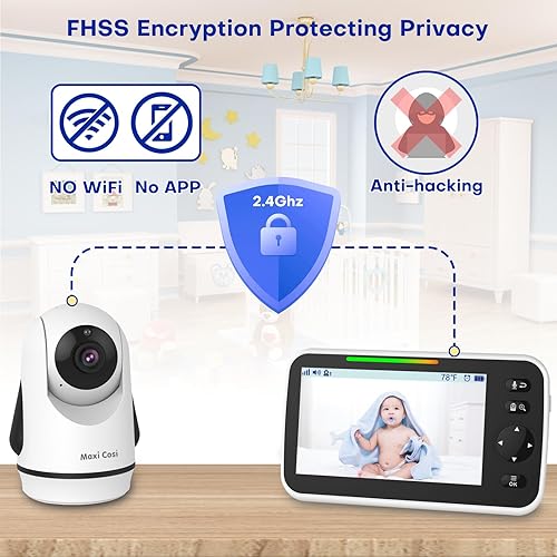 Miniatura 7 de Monitor de bebé con cámara y audio, pantalla de 5 pulgadas, sin WiFi, batería de 30 horas, monitor remoto de video con zoom panorámico, visión