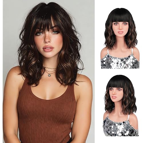 Bob Wig, 14 Inch Black Mixed Brown Short Bob Wigs with Bangs for Women Girls, Loose Wavy Hair Shoulder Length Synthetic Bob Wig for Cosplay Daily Party Use, Adjustable Straps Wigs with Wig Cap