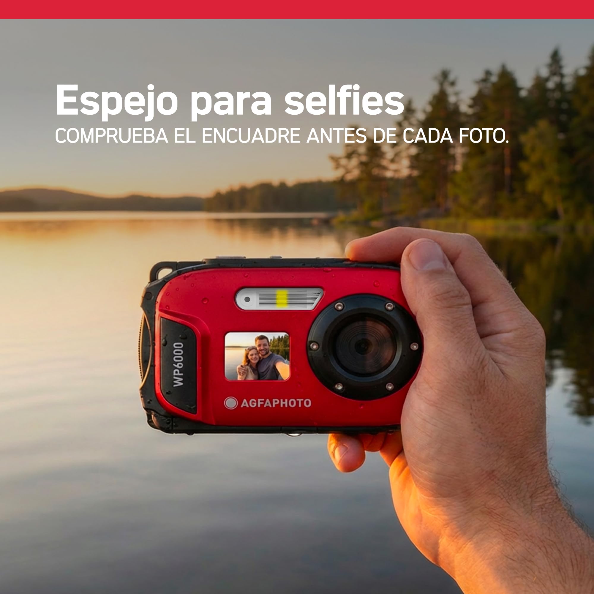 AGFA Photo Realishot WP6000 – Cámara Digital Impermeable, 3 m/10 ft, 18 MP, vídeo HD, Pantalla LCD 2,4", Zoom Digital 16x, autofoco, Espejo Selfie, batería de Litio – Rojo