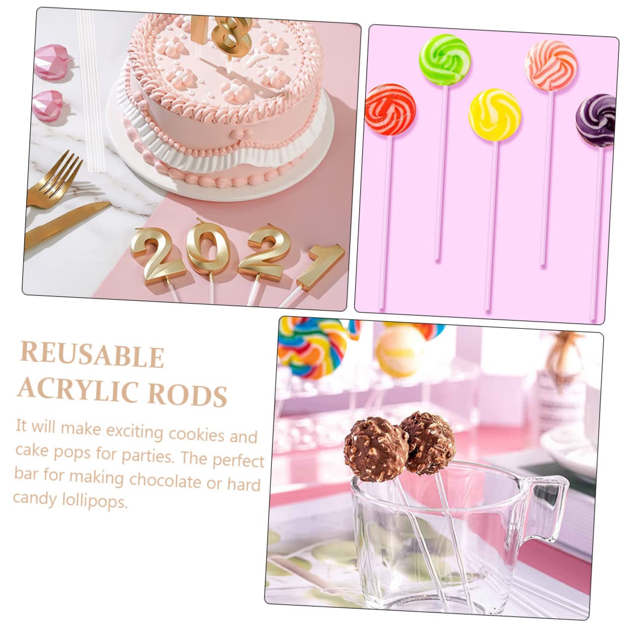 Cabilock 100Pcs Clear Acrylic Lollipop Sticks Candy Treat Sticks for DIY Cake Pops Decorations Premium for Parties and Festivals