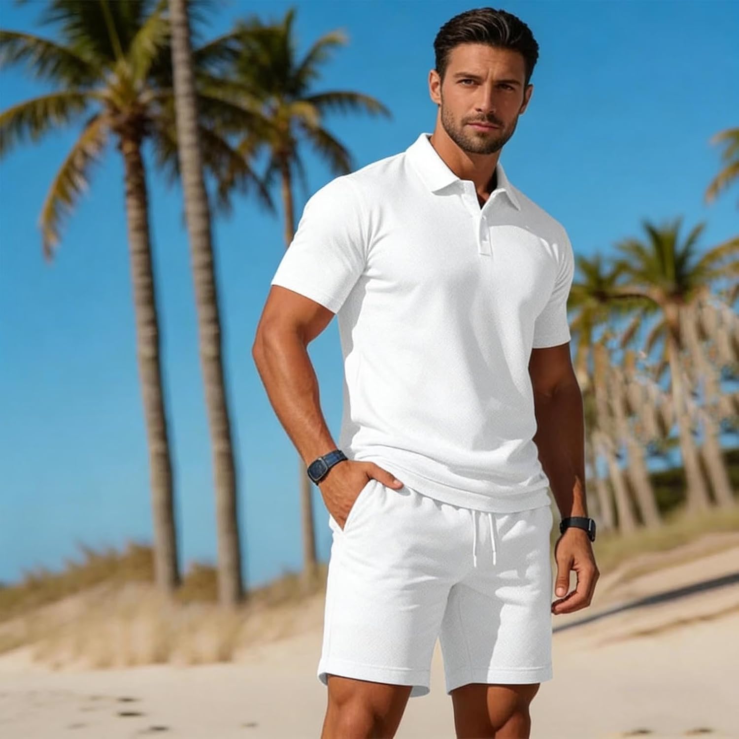 Cambkatl Men's Summer 2 Piece Outfits Short Sleeve Lapel Golf T-Shirt and Shorts Casual Tracksuit Sets with Pockets