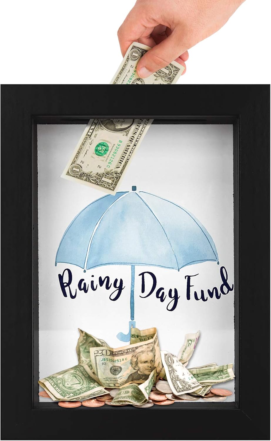 Americanflat 5x7" Rainy Day Black Box Frame With Polished Glass Front - Money Saver Shadow Box With Slot On Top for Wall and Tabletop - Honeymoon Adventure Fund and Piggy Bank For Adults