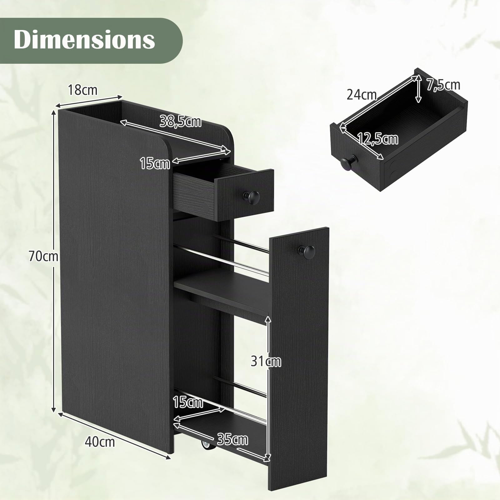 GIANTEX Petit Meuble Salle de Bain à 2 Tiroirs, Meuble WC Etroit avec 2 Roues, Dispositif Anti-Basculement, Rangement Toilette WC Petit Espace, Meuble Papier Toilette,18 x 40 x 70 cm, Noir