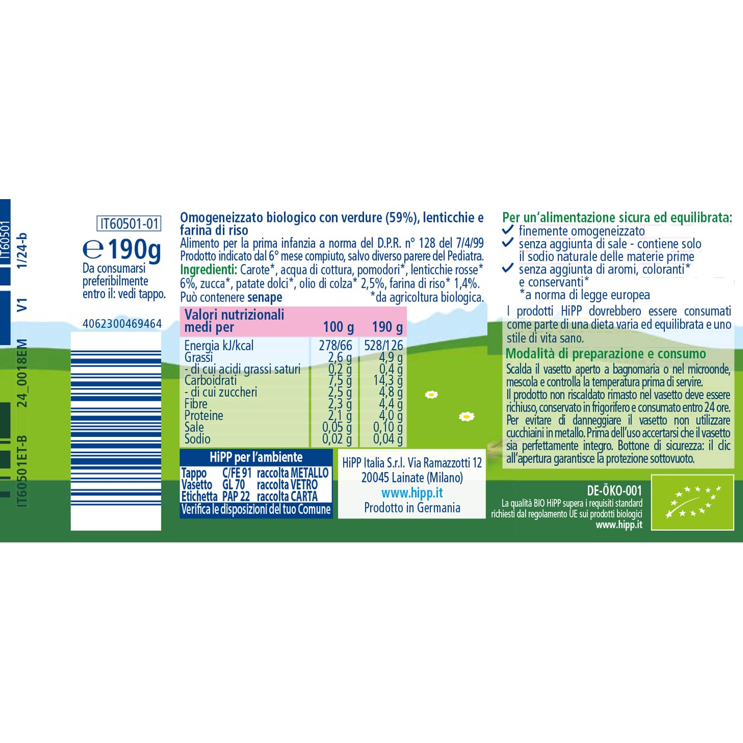 HiPP - Pappa Pronta Completa Bio, Crema di Riso con Lenticchie e Verdure, per Bambini, 100% Vegano, Senza Sale Aggiunto, 6 Vasetti da 190 gr