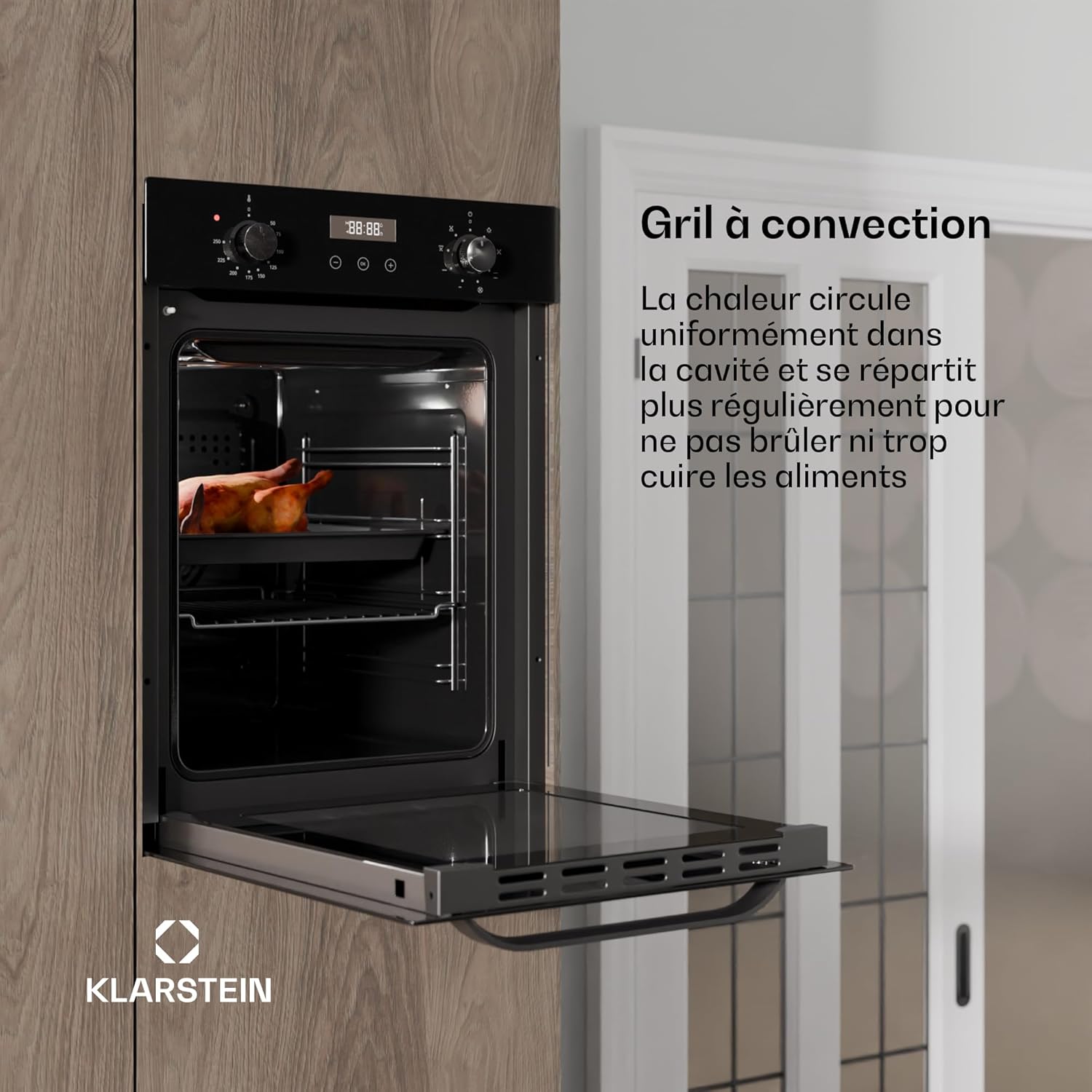 Oven interior demonstrating the convection grill function with food cooking.