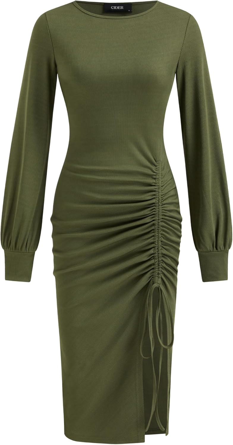 CIDER Bodycon Dress for Women Ruched Long Sleeve Boat Neck Drawstring Midi Semi Formal Dresses Fall Trendy