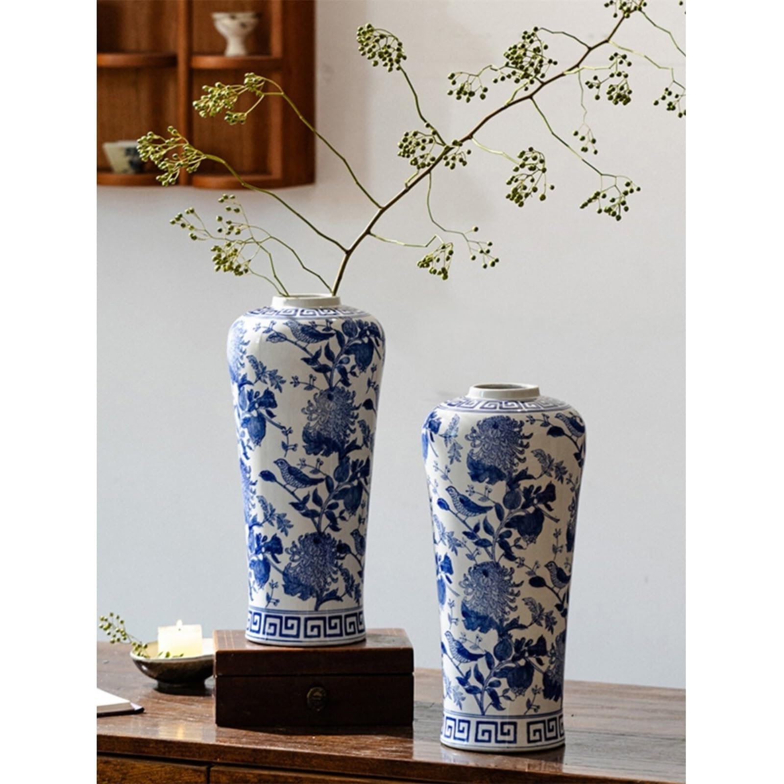Jarrón para Mesa Jarrón de Porcelana Azul y Blanca 39 cm Alto