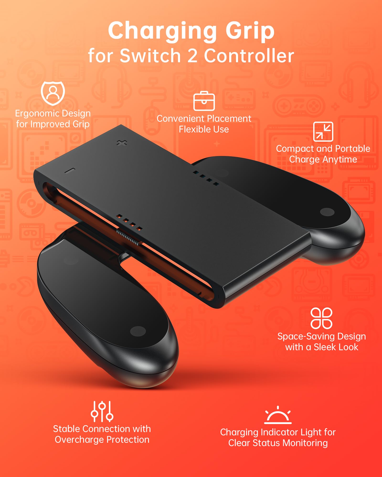 BRONAL Impugnatura di Ricarica JoyCon Switch 2 con Batteria da 2000 mAh, Supporto di Ricarica Play & Charge per Controller Joycon 2, Impugnatura Wireless Portatile NS2 con Indicatori