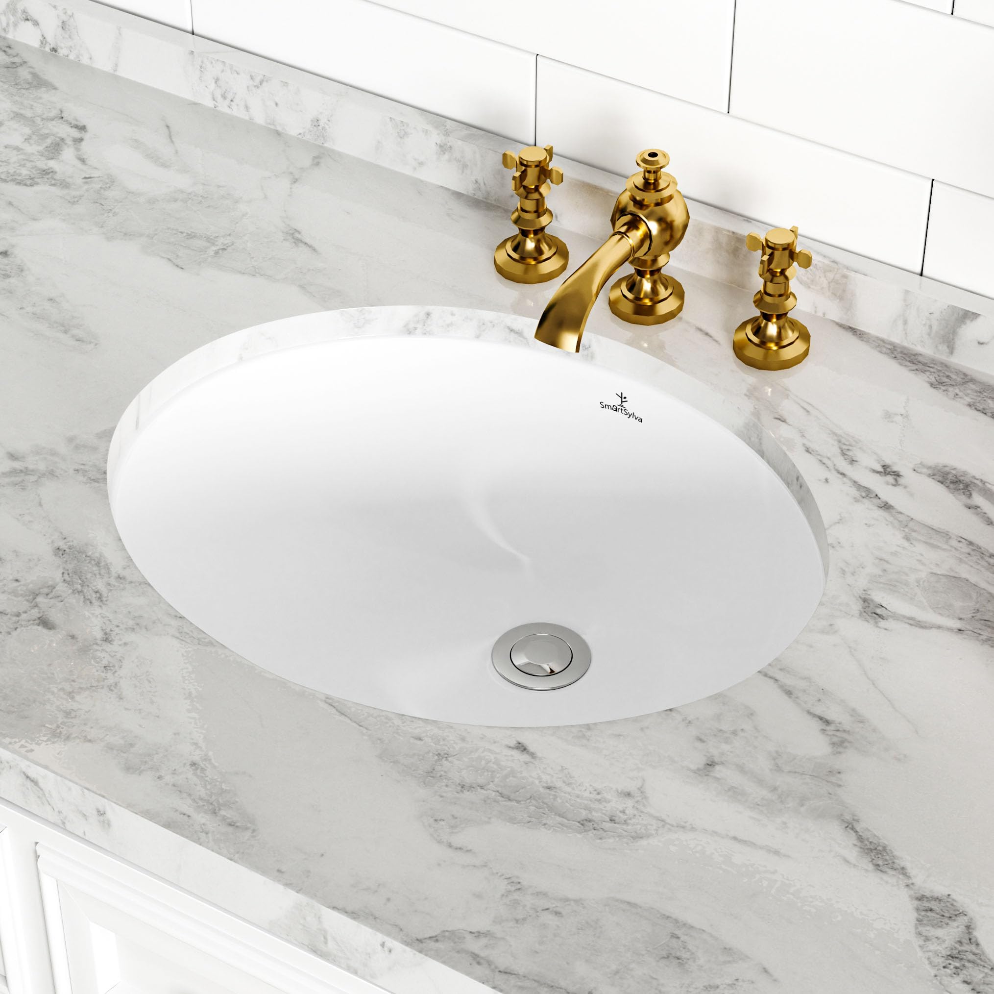 Lavandino da bagno ovale, 38,7 x 30,5 cm (dimensioni interne), ovale, in porcellana ceramica, sottotop con troppopieno, bianco