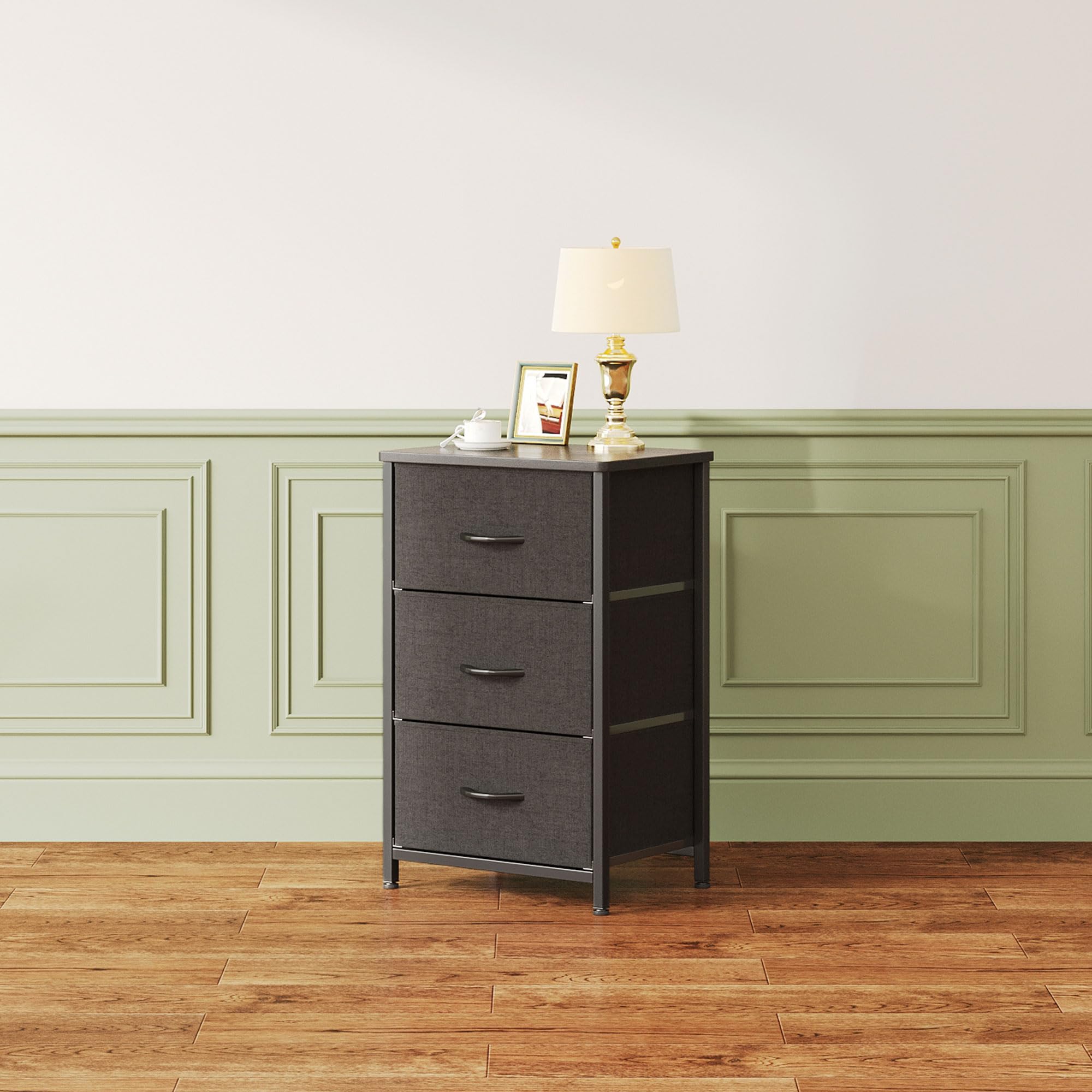 CAIYUN Cómoda de cabecera con 3 cajones, estrecho armario de tela, aparador con tablero de madera, almacenamiento para dormitorio, sala de estar, pasillo, diseño moderno, negro, ahorro de espacio