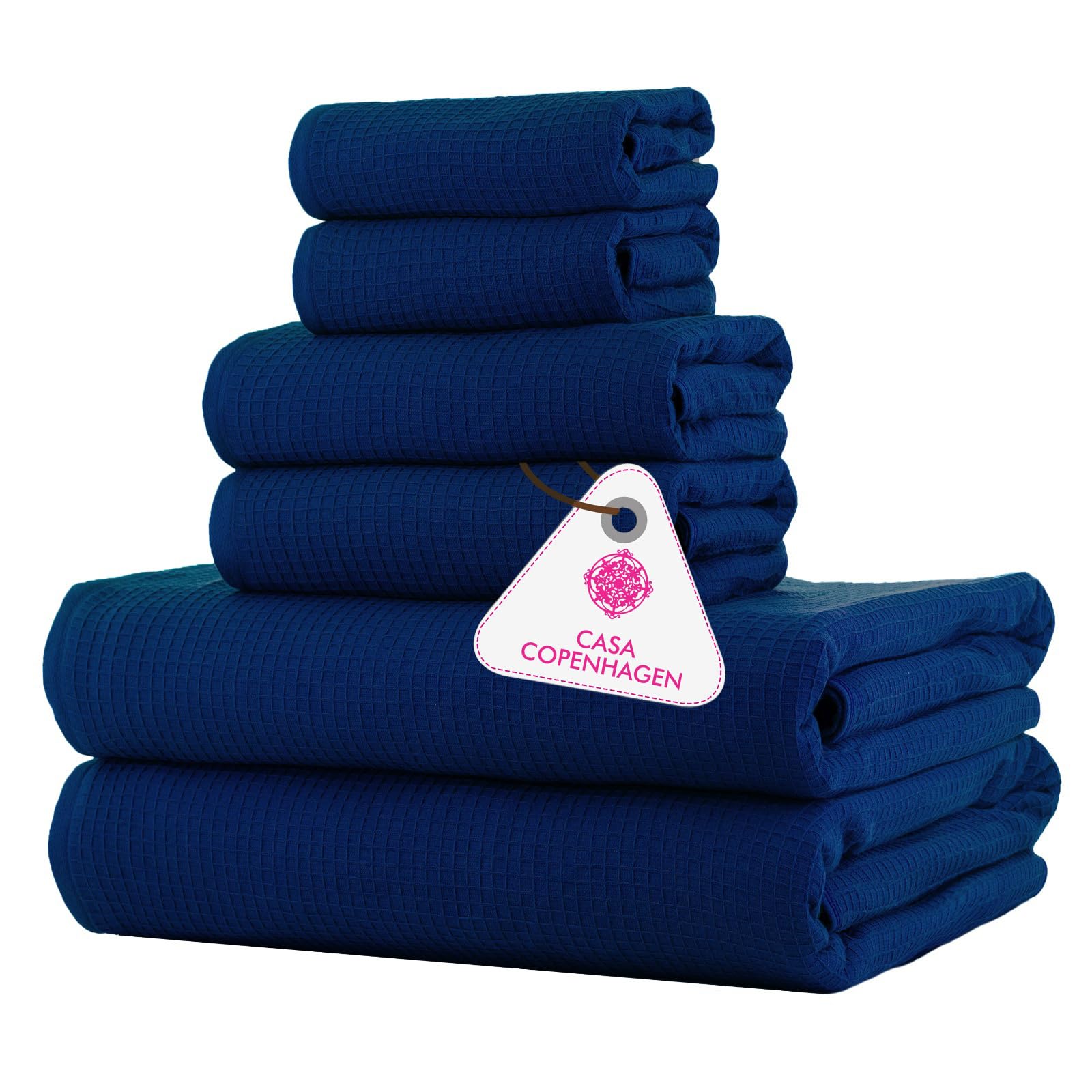 Casa Copenhagen Midnight Blue Waffle Terry 6-Piece Set, Cotton, Extra Large, Luxurious, Navy Blue, 2 Bath Towels Xl, 70X140 Cm, 2 Large Hand Towels, 50X80 Cm, 2 Large Washcloths, 40X40 Cm