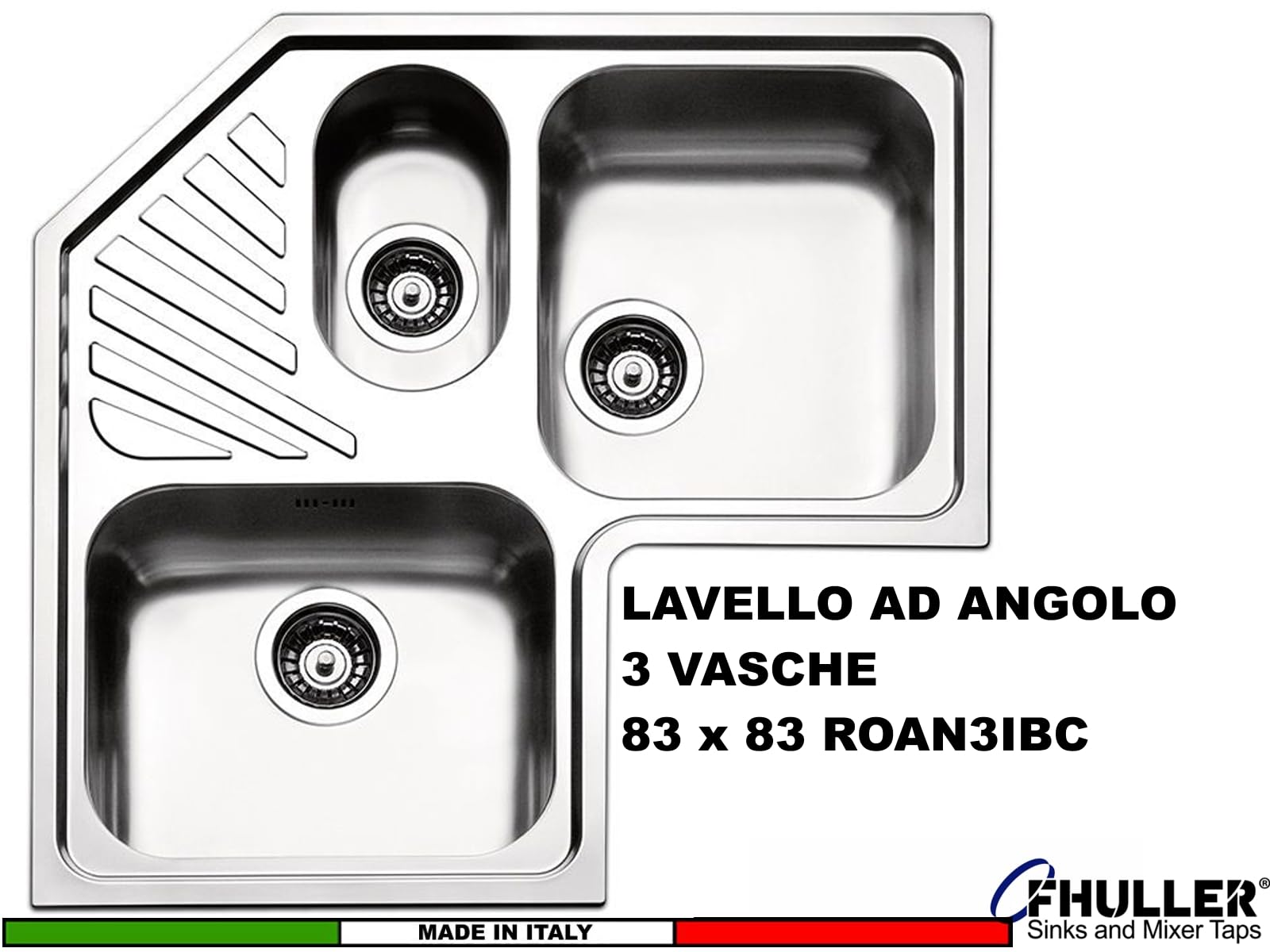 Lavello da Cucina ad Angolo, 83x83 cm, 3 Vasche in Acciaio Inox Spazzolato,