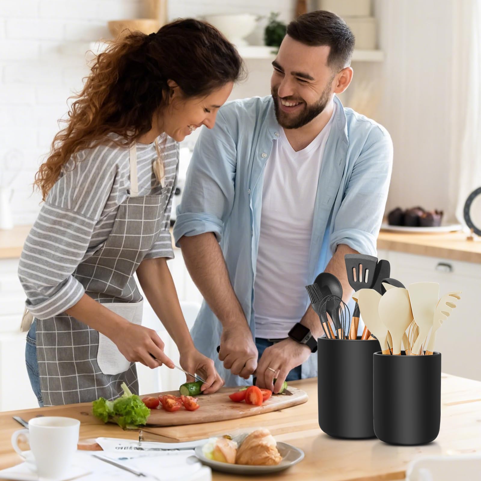 Küchenutensilienhalter, Utensilienhalter Aus Keramik für Die Küchentheke, Aufbewahrung von Küchenutensilien, 2 Stück Kochutensilien-Töpfe für Spatel, Löffel, Gabeln, Pflanzen(Schwarz)