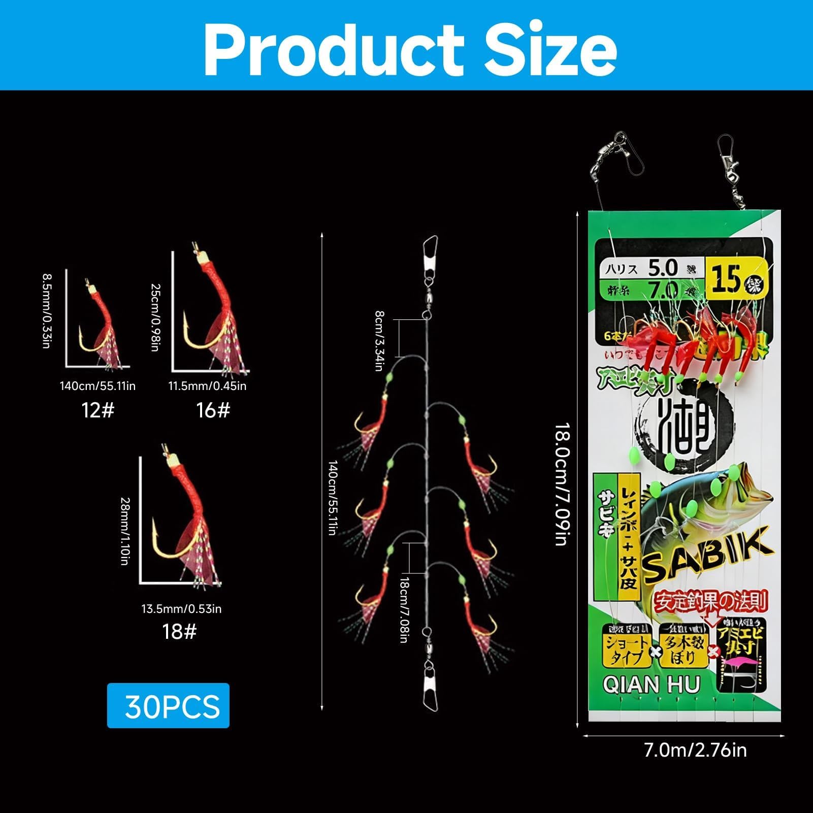 30Pcs Líderes de Pesca Preatados con Cuentas Luminosas para Playa, Bajura, Lubina, Platija, Trucha y Dorada con Perlas Luminosas, Cebos Biónicos para Caballa, Pollock (3 Tamaños Disponibles)