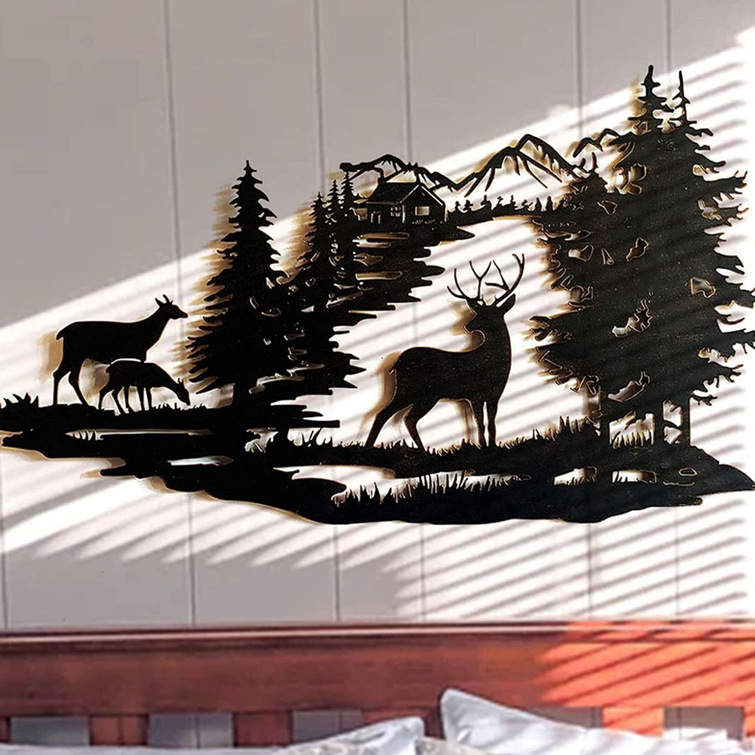 Decorazioni murali in metallo, Decorazione da parete in metallo con cervi e foresta, decorazione da appendere alla parete, scultura for interni, esterni, casa, ufficio, giardino