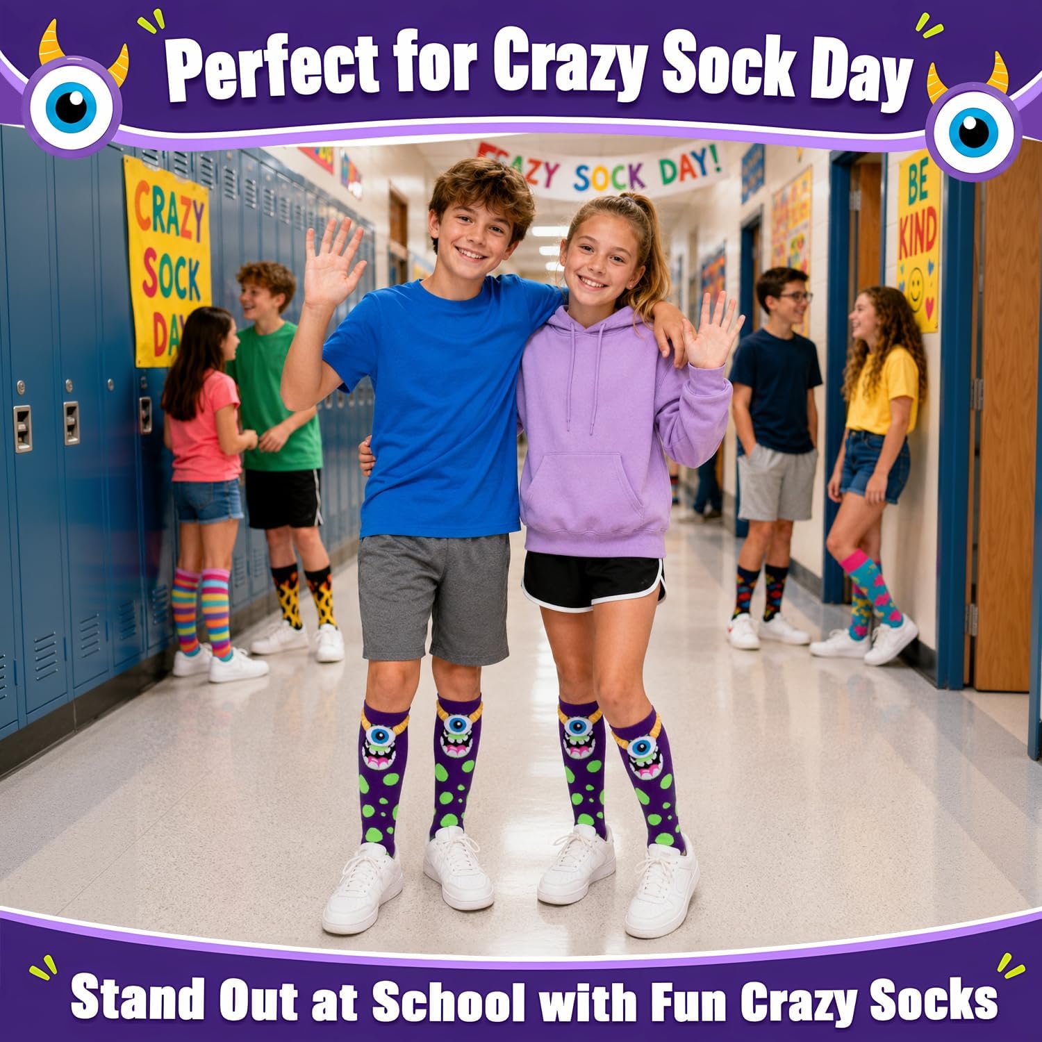 Bibalabili Crazy Socks for Kids Girl Boy 3-12 Years - Silly Wacky Funny White Elephant Gifts Stockings Monster Toddler Socks with 3D Eyes & Horns for Crazy Sock Day Birthday Gifts