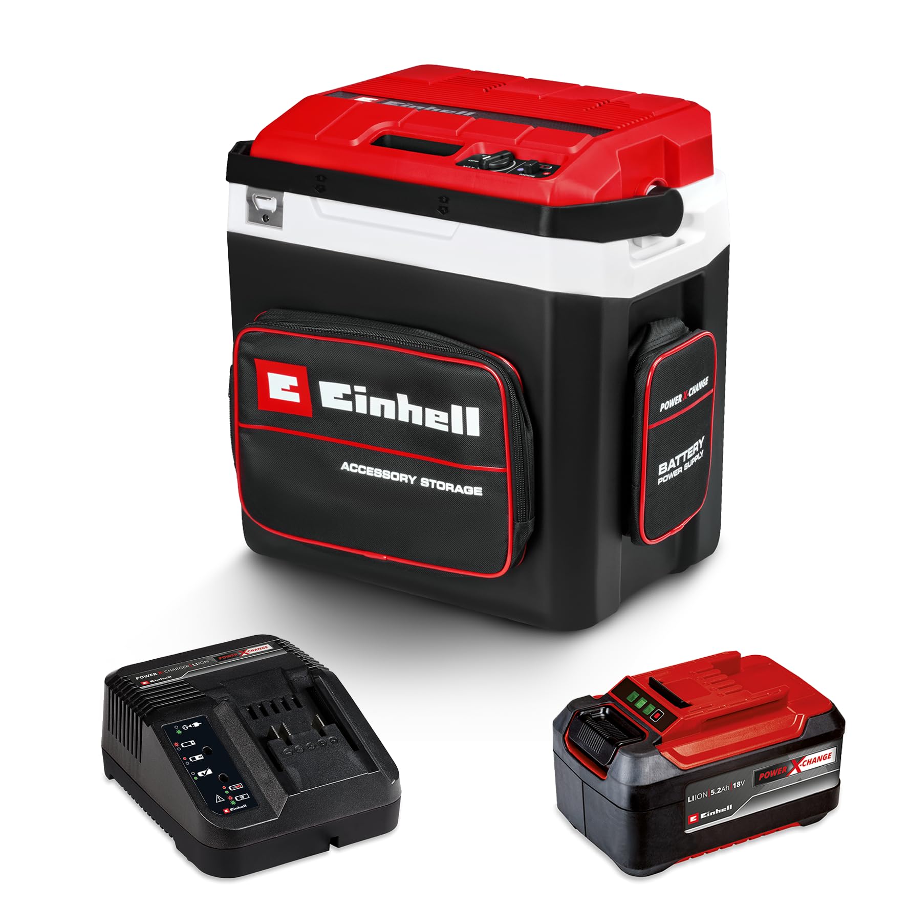 Einhell Akku-Kühlbox TE-COL 18/27 Li Power X-Change (18 V, 27 Liter, Kühlen und Warmhalten, Hybrid 12 V für Auto, 230 V Stromanschluss, inkl. Taschen, inkl. 5,2 Ah Akku & Ladegerät)