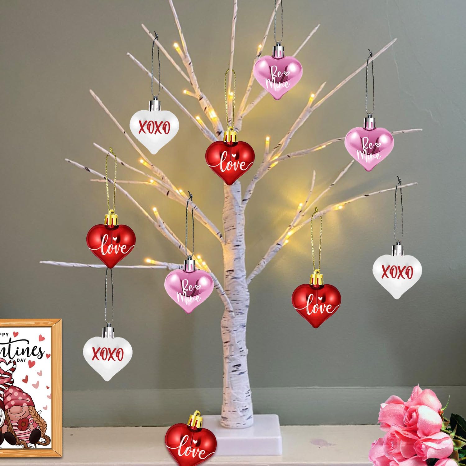 Valentine's Lighted Birch Tree Centerpiece - 24 Inch with 12 Heart Ornaments for Office, Home, Mantel & Desk Decor