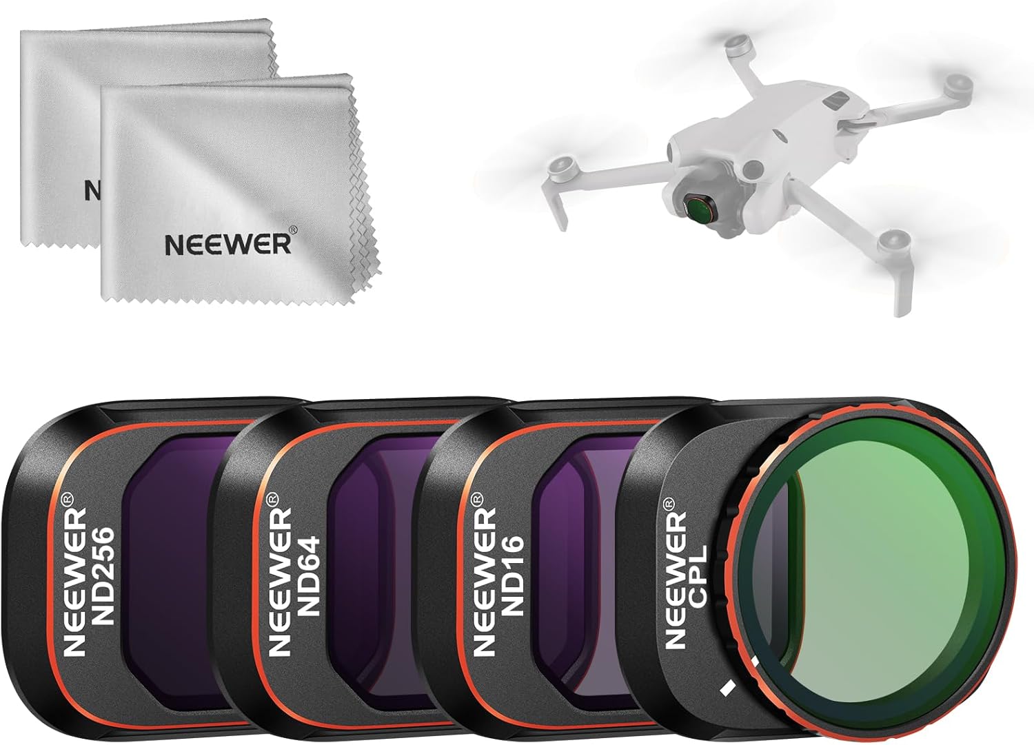 NEEWER ND CPL Filter Set Compatible with DJI Mini 4 Pro, 4 Pack Multicoated HD Optical Glass Screw On ND16 ND64 ND256 Circular Polarizing Neutral Density Filter Drone Accessories + 2X Cleaning Cloth