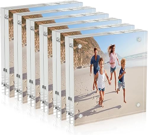 AITEE Portarretratos acrílicos de 4 x 4, paquete de 6 unidades, bloque 20% más grueso, marcos de fotos transparentes independientes de doble cara,