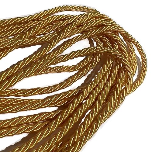 3mm Gold Metallic Rope Twisted Cord Strong All Purpose Rope Soft Cotton Polyester Blend 3 Strand Cord Rope for Crafting Upholstery Trim Curtain Tieback Decoration (3mm - Gold - 1 Meter)