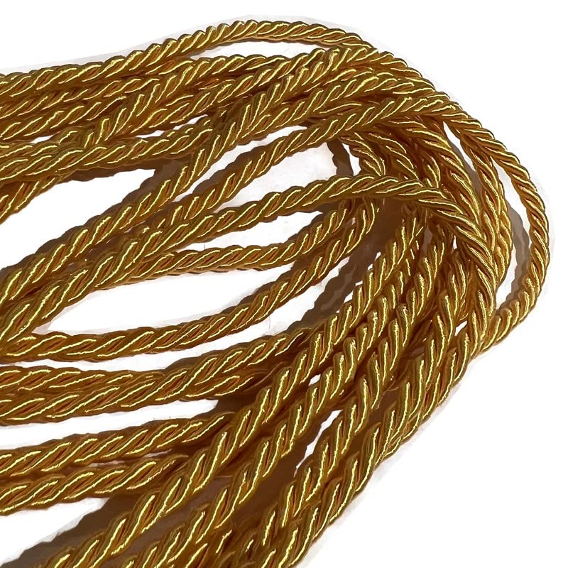 3mm Gold Metallic Rope Twisted Cord Strong All Purpose Rope Soft Cotton Polyester Blend 3 Strand Cord Rope for Crafting Upholstery Trim Curtain Tieback Decoration (3mm - Gold - 20 Meters)