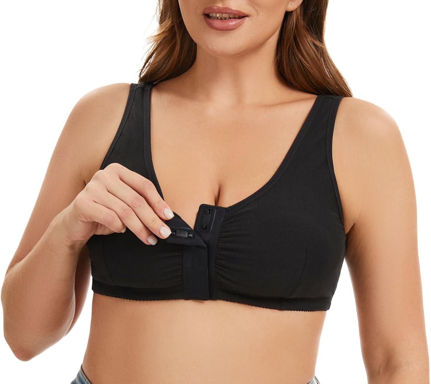 Magnetic Front Closure Cotton Adaptive Bra with Inside Pockets - Easy On Front Closure Mastectomy Bra