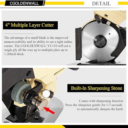 Miniatura 7 de CGOLDENWALL YJ-110 Cortadora de tela eléctrica industrial Cortadora de tela 1.260 in Espesor máximo de corte 4.331 in Tamaño de la hoja Ideal para