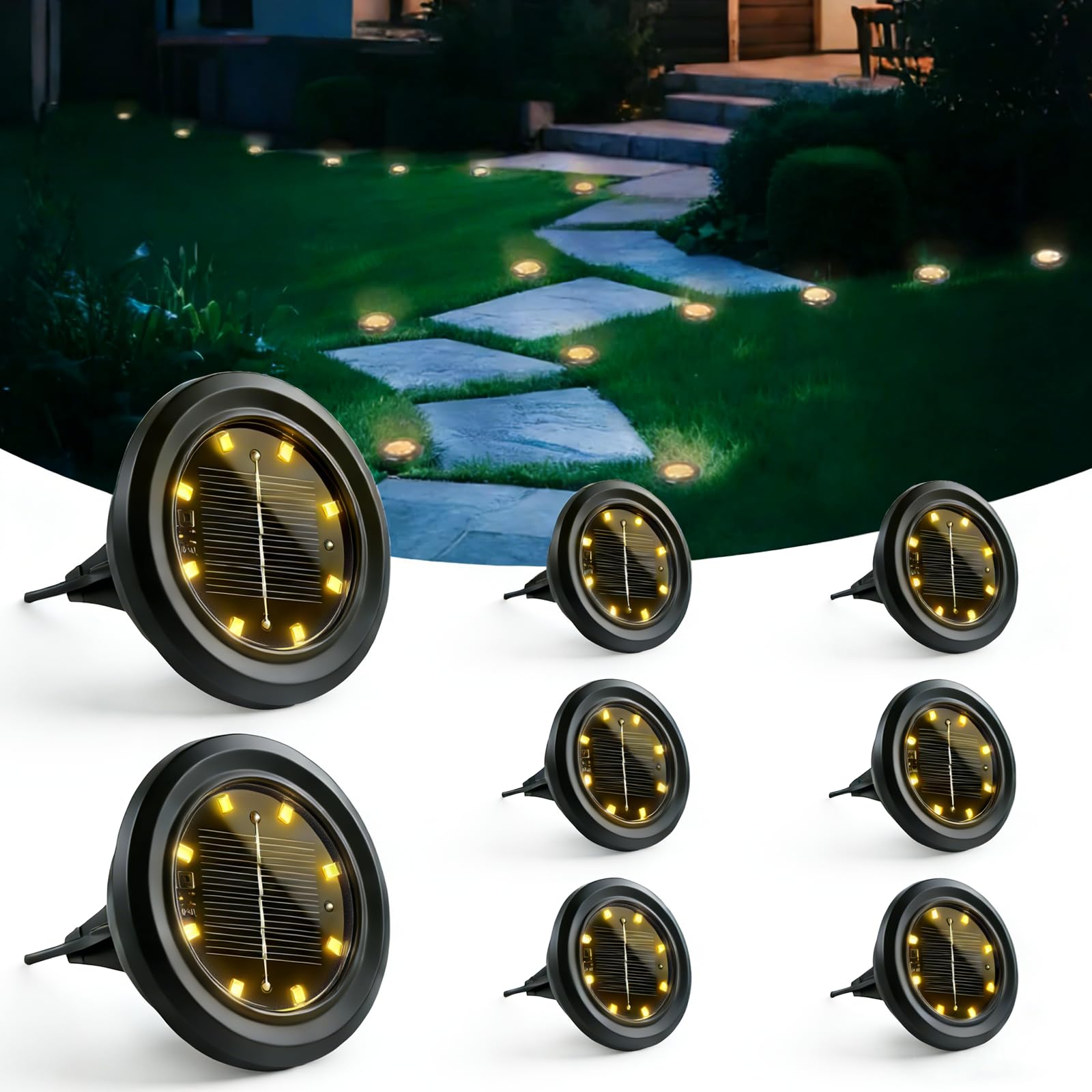 Hqynss Warm White Solar Lights Outdoor Garden, 8 Pack Led Solar Ground Lights Ip65 Waterproof, Solar Disk Lights For Garden Pathway Lawn Patio Yard Landscaping (Warm White)