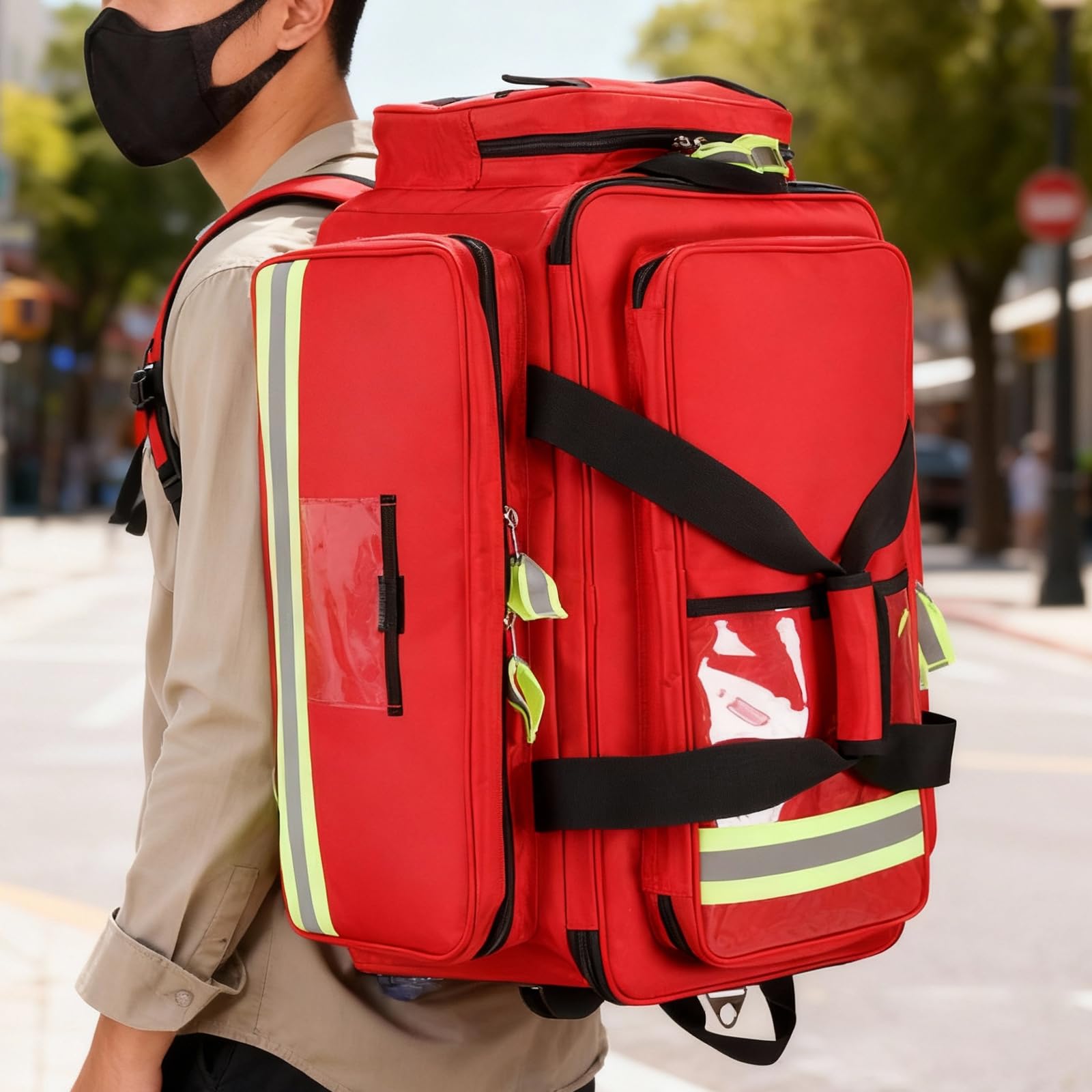 Bolsa médica con ruedas, bolsa de primeros auxilios, caja de emergencia desmontable con compartimentos y tiras reflectantes, para EMT, EMS, enfermeras de salud en el hogar, médicos, color rojo
