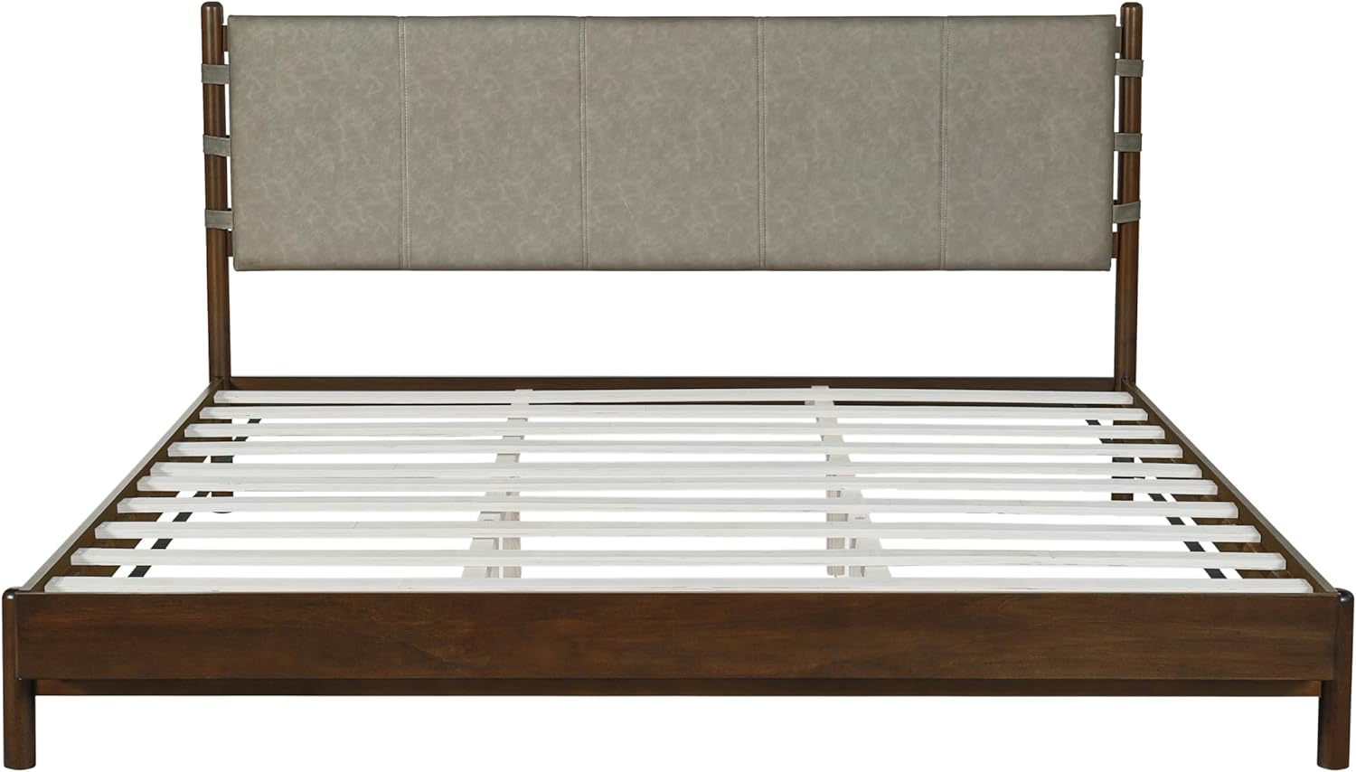 Premium Rubber Wood Platform Bed Frames, King Size Bed Frame with Headboard Included, Mid Century Modern Beds, Walnut+Light Grey