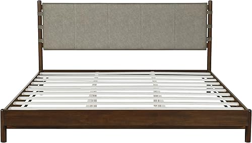 Miniatura 11 de Bastidores de cama de plataforma de madera de goma de alta calidad, marco de cama tamaño Queen con cabecero incluido, camas modernas de mediados de