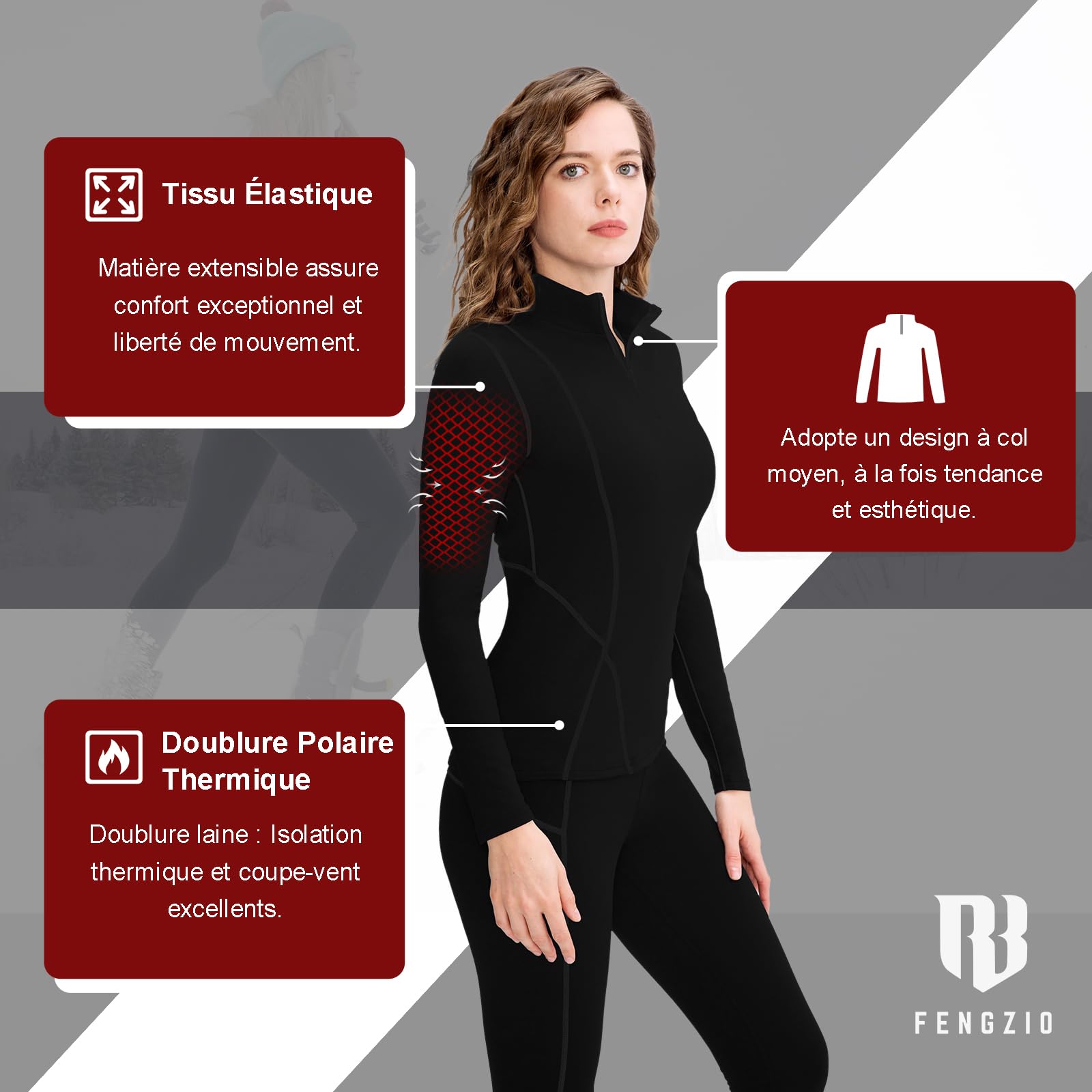 sous Vetement Thermique Femme Doublure Polaire Ensemble Chauds Femme avec Col Montant Coupe-Vent, Fonctionnel Manches Longues Chaud & LéGer Ski Hiver