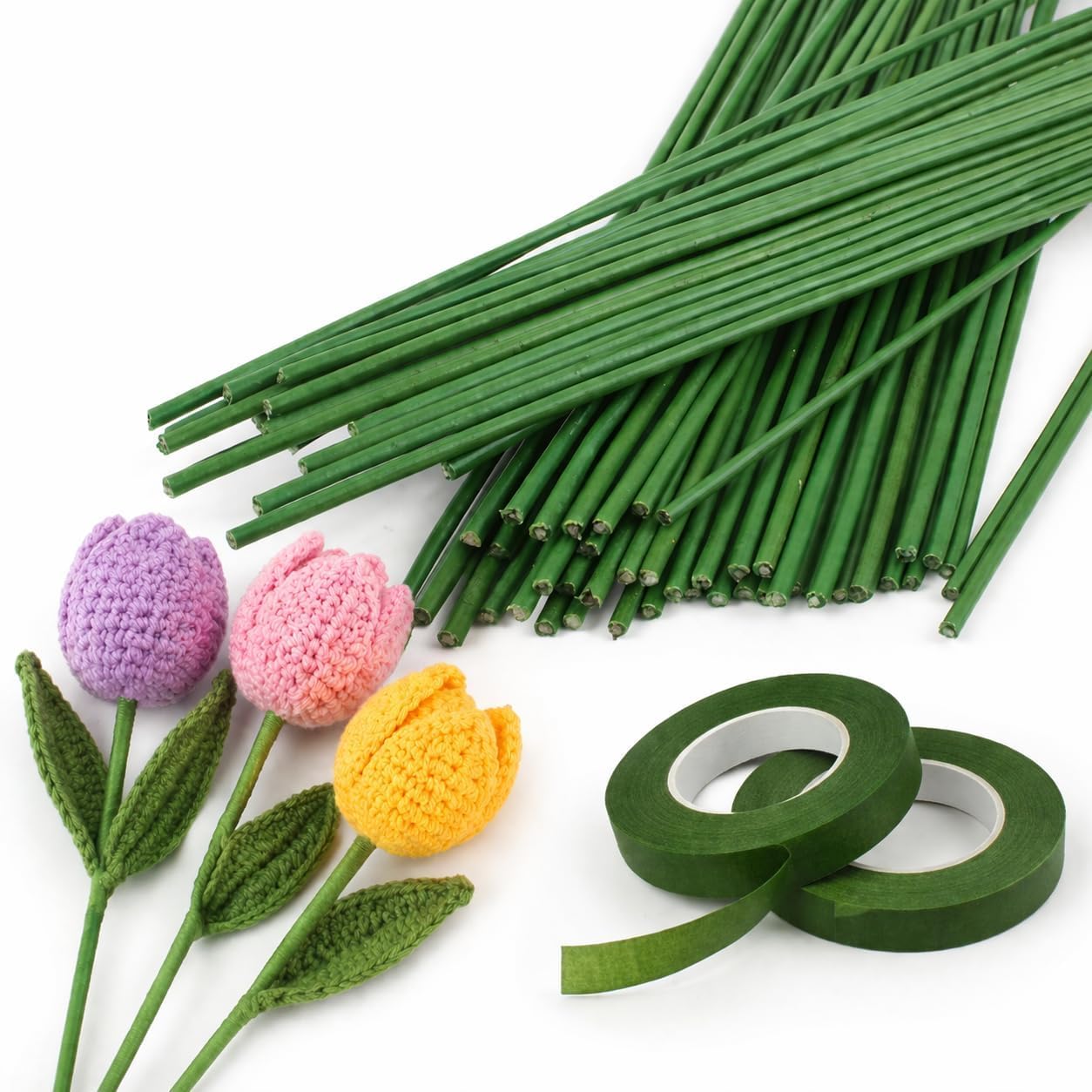 Green Floral Wire Stems for Pipe Cleaner Flowers, 8 Inch, with 2 Rolls Floral Tape, for Crochet Bouquets, Artificial Roses, Wedding Decorations (20 Wire)-image-31
