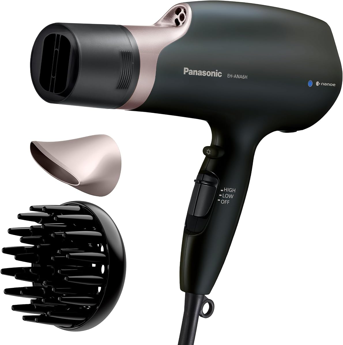 Nanoe Salon Hair Dryer with Oscillating Quickdry Nozzle, Diffuser & Concentrator Attachments, 3 Heat & 2 Speed Settings, Japanese Technology for All Hair Types – EH-ANA6HN (Black/Pink Gold)